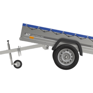 Garden Trailer 200 Kipp Einachsanhänger mit Stützrad und blauer Flachplane